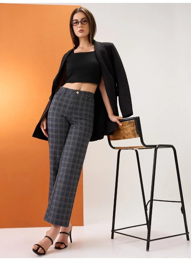 globus Globus Women Grey Checkered Self Design Mid-Rise Straight Fit Workwear Trousers